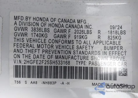 2025 Honda Civic Lx from USA, damaged, VIN 2HGFE2F25SH533168